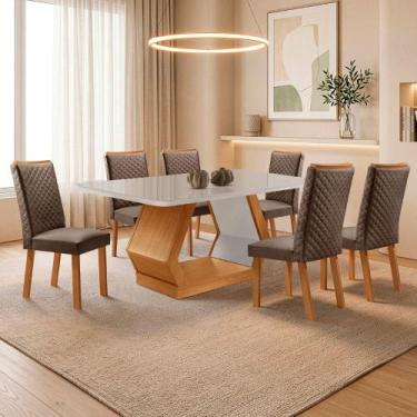 Imagem de Mesa de Jantar Alvorada 180cm Tampo MDF Vidro Canto Copo com 6 Cadeira