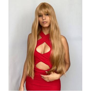 Imagem de Peruca lisa ondulada franja loira escuro mel 70cm silk top - LIONSWIG