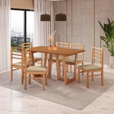 Imagem de Conjunto Sala de Jantar Elisa em Madeira Maciça 6 Cadeiras Boucle Bege