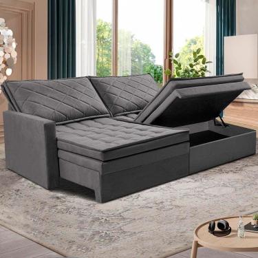 Imagem de Sofá Cama Marselha II 3 Lugares Retrátil e Reclinável 200cm Cinza Velusoft Cama Inbox