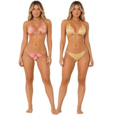 Imagem de Biquíni Feminino Cortininha Com Bojo Dupla Face com Calcinha Fio e Den