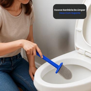 Imagem de Escova Sanitária de Limpar Vaso Silicone Limpeza Prática Eficiente Banheiro Branco com Suporte de Parede Clean Tech
