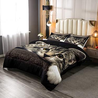 Imagem de Feelyou Conjunto de edredom de gatos com estampa de animais 3D, conjunto de cama para crianças, meninos, meninas, animais de estimação, gato, gatinho, decoração, edredom marrom, cinza, conjunto de colcha 3 peças Queen Size