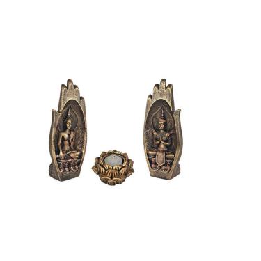 Imagem de Estatueta Mão Buda Hindu De Resina Dourada + Incensario Flor