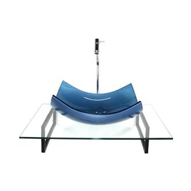 Imagem de KIT CUBA DE VIDRO RETANGULAR CURVADA AZUL COM TAMPO 60CM INCOLOR E SUPORTE PRETO