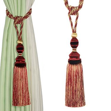 Imagem de Cortina de borla de bola pendurada borlas grandes suporte de cortinas luxuosas penduradas fivela corda para quarto acessórios, vermelho escuro, 2 peças
