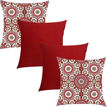 Imagem de Kit 4 Capas de Almofadas Composê Zellige Vermelho e Cetim Vermelho 45x45cm