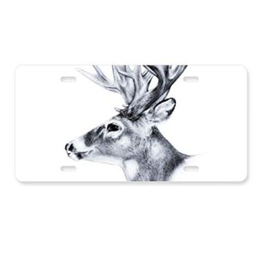 Imagem de DIYthinker Sketch Deer Placa de licença preta e branca Etiqueta de aço inoxidável para automóveis