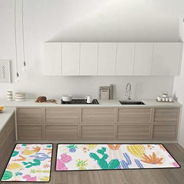 Imagem de Tapetes de cozinha desenhados à mão para suculentas de cacto colorido antiderrapante conjunto de 2 tapetes de cozinha, tapete confortável antifadiga para sala de jantar, lavanderia, escritório