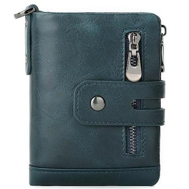 Imagem de MsiDtsoy Carteira masculina com bloqueio de RFID, porta-cartões, carteira macia com bolso frontal, carteira de viagem com zíper, carteira dobrável de couro legítimo, azul