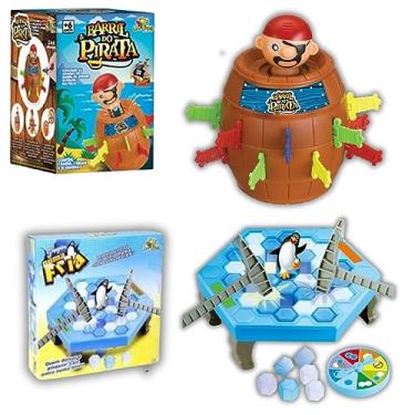Imagem de Genérico - Kit de Jogos: Barril Pula Pirata 16x10cm + Jogo Quebra Gelo Pinguim Numa Fria - Família - 4 Jogadores - 4+ Anos