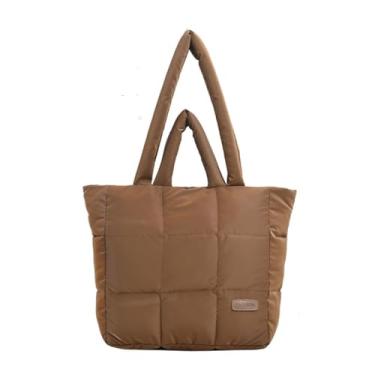 Imagem de Bolsa de compras de nylon versátil e espaçosa, bolsa de mão moderna com enchimento de plumas com fecho de zíper, Marrom escuro