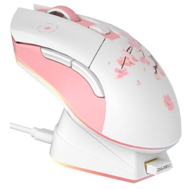 Imagem de DAREU Sakura Mouse rosa para jogos sem fio com base de carregamento recarregável RGB, 12K DPI, 7 botões programáveis, sensor de alta precisão [300IPS] [1000Hz] para PC, notebook, Mac