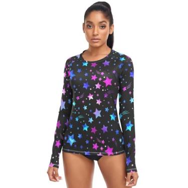 Imagem de KLL Camisetas femininas de natação Rash Guard da Stars Neon Colorful Fashion de secagem rápida FPS 50+, Estrelas Neon Coloridas Moda, G