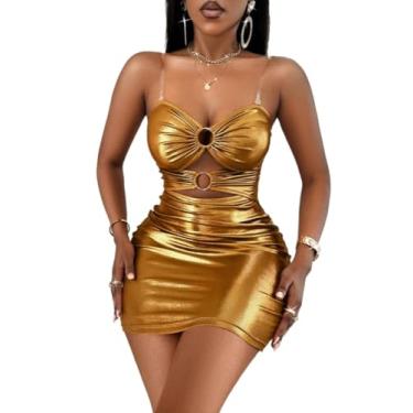 Imagem de Camisa Feminina Cut Out -ring Detail Ruched Metallic Bodycon Dress (Color : Gold, Size : XL)