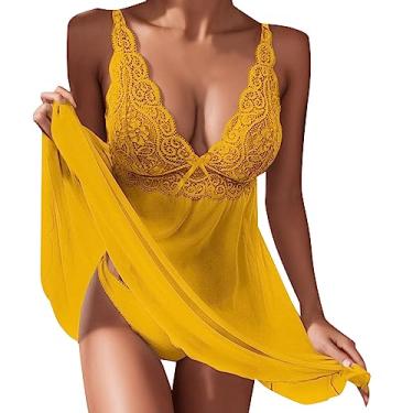 Imagem de Lingerie Transparente Pijamas Sexy Suspensórios Vestido Feminino Renda Chemise Lingerie para Mulheres Suporte (Amarelo, GG)