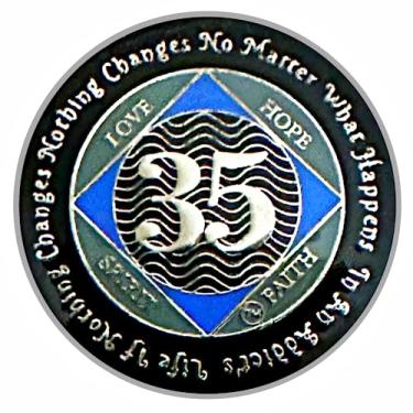 Imagem de (Anos 1-55) Medalhão NA de 35 anos, prata, cor azul, moeda coberta com epóxi Narcóticos Anônimos (NA 35 anos)
