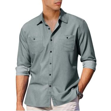 Imagem de Runcati Camisa masculina casual de botão, manga comprida, caimento justo, cambraia com bolsos, Cinza, G