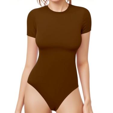 Imagem de MANGOPOP Body feminino de manga curta, gola redonda, camisetas básicas, Marrom, XXG