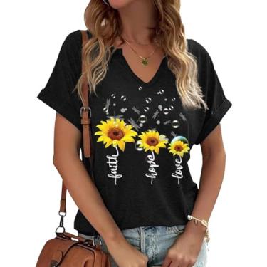 Imagem de Dandelion Shirts Camiseta feminina com gola V e girassol flores silvestres estampa casual, Preto - 8, GG