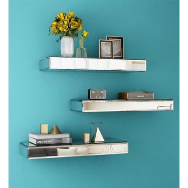 Imagem de SHYFOY Prateleiras flutuantes espelhadas para parede, conjunto de 3 prateleiras de parede de vidro para decoração de banheiro, prateleiras montadas na parede para quarto, sala de estar, cozinha,