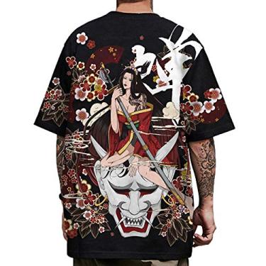 Imagem de XYXIONGMAO Camiseta masculina com estampa gráfica de gueixa japonesa Kanji unissex anime streetwear hip hop, Preto, M