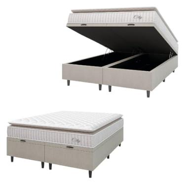 Imagem de Cama Box Colchão Baú Casal King Molas Ensacadas City Pillow Top 193x203x64cm Hellen - Suporta até 110kg por Pessoa (Bege/Branco)