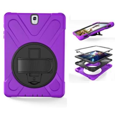 Imagem de Capa de silicone com suporte e alça de pulso giratória segura para crianças capa à prova de choque para Samsung Galaxy Tab S3 SM-T820 T825 9,7 polegadas + caneta (roxa)
