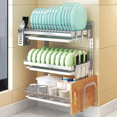 Imagem de Escorredor de louça, escorredor de pratos de parede de 3 níveis, escorredor de pratos com conjunto de drenagem, escorredor de pratos de aço inoxidável 304 com suporte de talheres, suporte para tábua