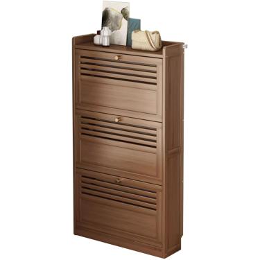 Imagem de Armário de sapatos estreito de bambu, armário de sapatos com 2/3 portas rebatíveis, organizador de calçados Armários de entrada finos para corredor doméstico, quarto e corredor, largura 17 c