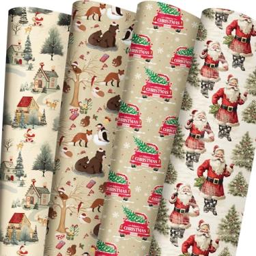 Imagem de ZINTBIAL Papel de embrulho de Natal vintage para crianças e adultos - Papel de embrulho de Natal com Papai Noel retrô, caminhão vermelho, animais da floresta, designs de cena do campo - 71 x 102 cm, 6