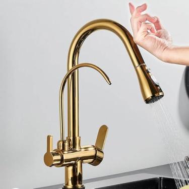 Imagem de Filtro de sensor de toque Torneira de cozinha de água de latão antigo Torneira misturadora de pulverizador com guindaste giratório de água pura para cozinha, ouro