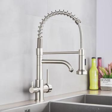 Imagem de Torneira de cozinha com filtro de água pura escovada, alça dupla, misturador de cozinha com puxador para água potável quente e fria, níquel escovado