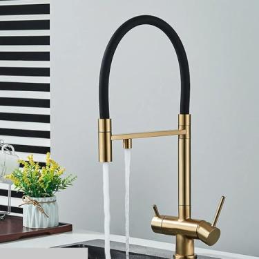 Imagem de Torneira de filtro de água de cozinha de ouro escovado, torneira misturadora de água potável dupla, torneiras de purificação de água rotativas, ouro escovado A