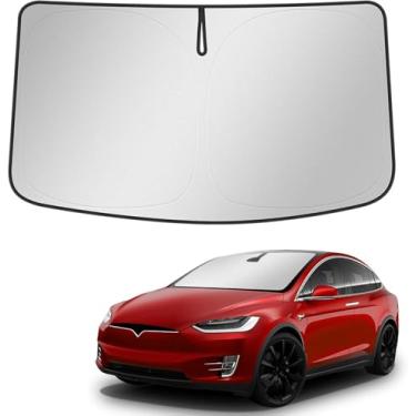 Imagem de BASENOR Protetor solar atualizado para Tesla Model X Para-brisas Protetor de viseira dobrável com bolsa de armazenamento compatível com modelo X 2021-2026