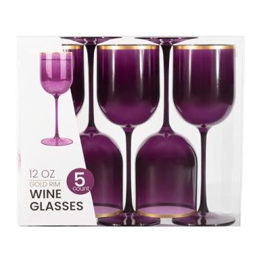 Imagem de PLASTICPRO Conjunto de 5 taças de vinho de plástico elegantes taças de vinho de plástico rígido na haste 355 ml (roxo com aro dourado, 10)