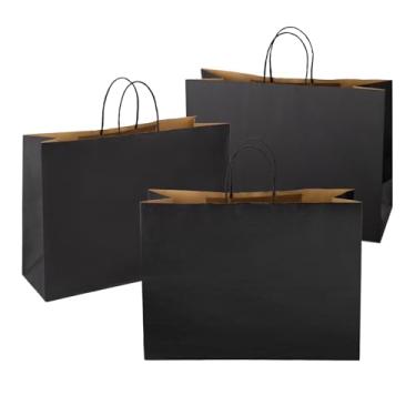 Imagem de Ronvir 70 sacos de presente grandes, sacos de papel pretos de 40 x 15 cm com alças, sacos de compras de reciclagem a granel, sacos pretos para negócios, varejo, boutique, festa, Natal, Dia das Bruxas