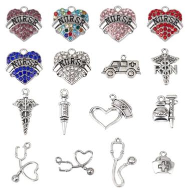 Imagem de SUNNYCLUE 1 Caixa, 46 Peças, Berloques com Tema Médico, 16 Estilos, Inclui Ambulância, Enfermeira, Estetoscópio, Seringa, Coração, Ideal para Joias e Acessórios