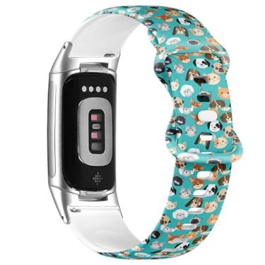 Imagem de Pulseira de silicone macio compatível com Fitbit Charge 5/Fitbit Charge 6 (cabeças de gato e cachorro) para mulheres e homens