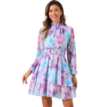 Imagem de Allegra K Vestido floral feminino de chiffon manga comprida gola redonda com babados em camadas minivestidos, Blues, G