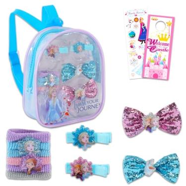 Imagem de Conjunto de acessórios de cabelo Frozen da Disney ~ Conjunto de 10 peças de cabelo congelado com bolsa de acessórios congelados, laços de cabelo, clipes, mais de 200 adesivos e mais! (Acessórios de cabelo congelado)