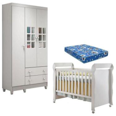 Imagem de Berço Americano Mirelle E Guarda Roupa Mariah 3 Portas Branco Brilho C
