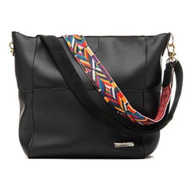 Imagem de Bolsa Feminina Grande Estilosa Alça Colorida - Alice Monteiro, Preto