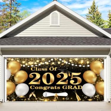 Imagem de Banner de porta de garagem de formatura 2,1 x 4,9 m Class Of 2025 Congrats Grad Backdrop preto e dourado decorações de formatura fundo parabéns graduado baile festa formatura capa de porta de garagem