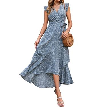 Imagem de BTFBM Vestido maxi floral de verão para mulheres 2025 férias manga babados gola V cinto envoltório primavera praia vestidos de convidada casamento, Azul floral, M