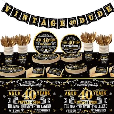 Imagem de ABURRORI Conjunto de Talheres Vintage para Festa de 40 Anos com 183 Peças, Toalha de Mesa Preta Dourada Vintage para Feliz Aniversário de 40 Anos, Pratos de Jantar para 24 Convidados, Prato de Sobreme