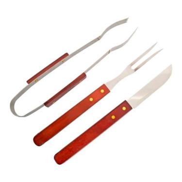 Imagem de Kit Conjunto De Facas Para Churrasco Madeira e Inox 3 Peças