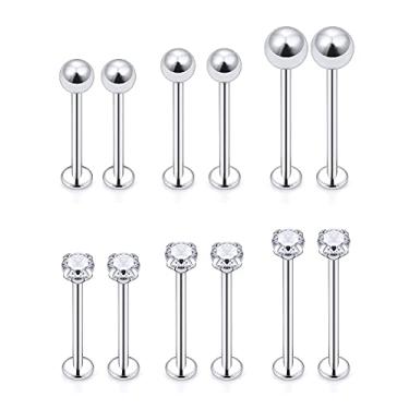 Imagem de Ftovosyo 12 peças 14G 16G piercing de bochecha de aço inoxidável, piercing labret de língua longa, joia de piercing corporal para mulheres e homens, comprimento da barra: 14 mm-19 mm, metal Cristal, Zircônia cúbica