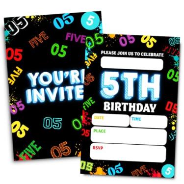 Imagem de Doguiei Convites de festa de 5º aniversário, cartão neon de convites de cinco anos para meninos e meninas (30 cartões e 30 envelopes)