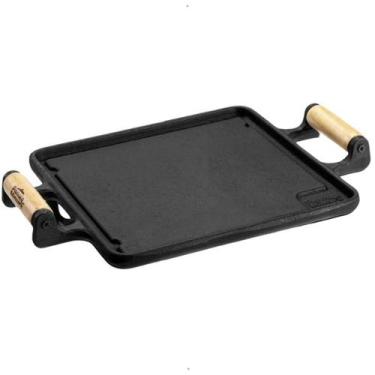 Imagem de Chapa de Ferro Fundido Lisa Quadrada 30x30cm com Alça de Madeira Panel